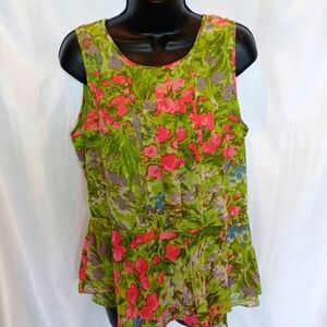 Sunny Leigh green pink peplum blouse, side zip